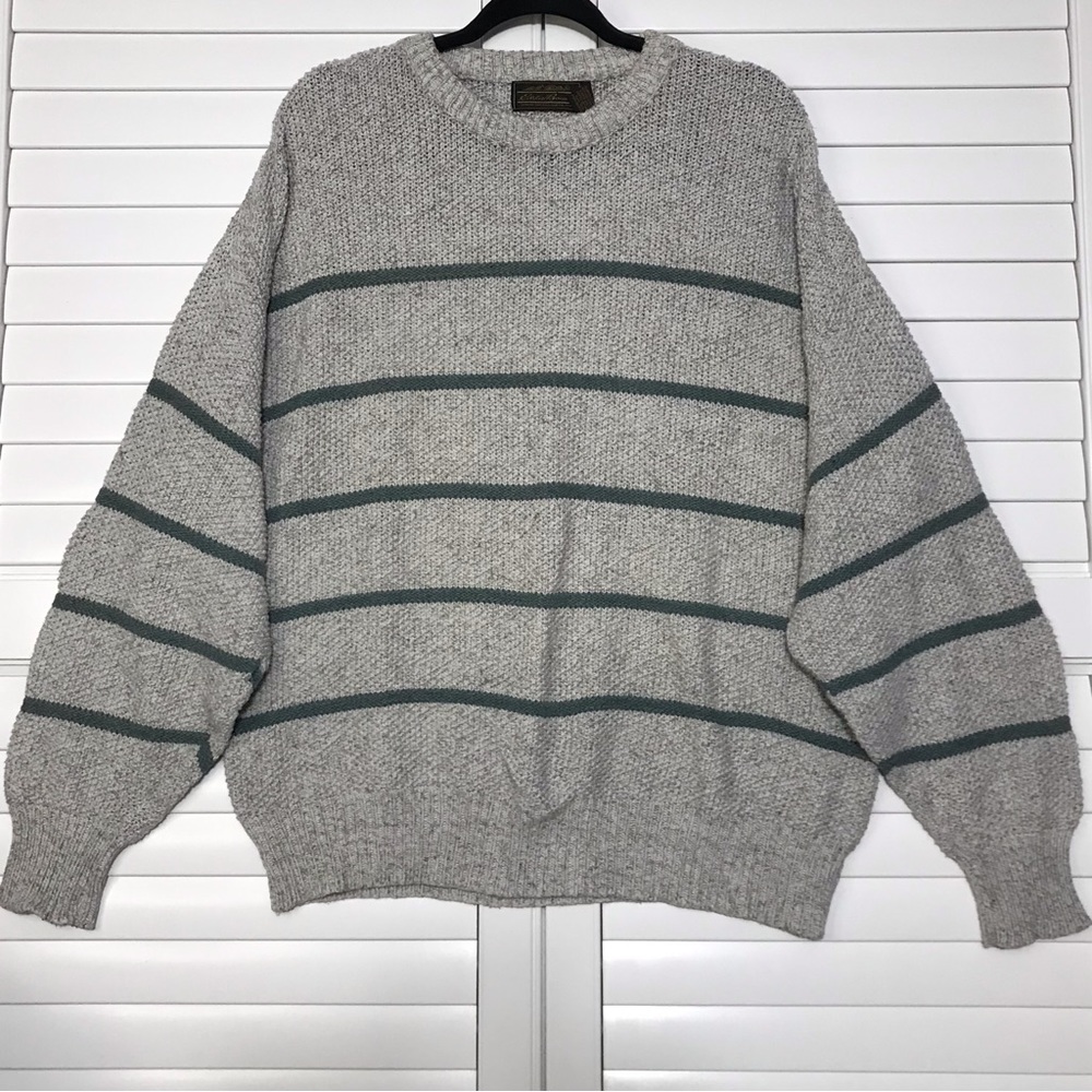 Vintage 80s 90s Eddie Bauer Striped Sweater Men’s Size XL Gray Green